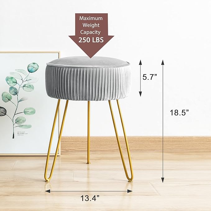 LUE BONA Pleated Vanity Stool, Velvet Upholstered Vanity Stool for Makeup Room, Round Mondern Stool for Vanity, Ottoman Footrest Stool with Metal Legs for Living Room, Bedroom, Light Gray