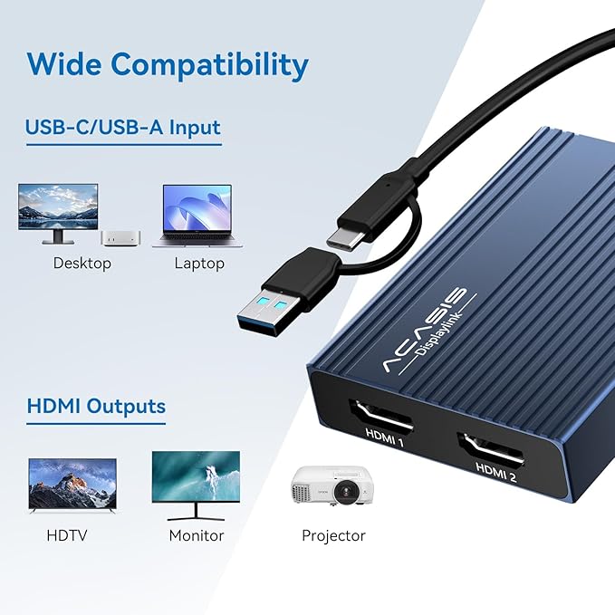 ACASIS USB C to Dual HDMI DisplayLink Adapter, 4K@60Hz, 2 HDMI & 3 USB-A Ports, 100W PD Charging, USB C DisplayLink Docking Station for Mac M1/M2/M3/M4/M5/Neo/Windows,USB A/C to Dual Monitor Adapter