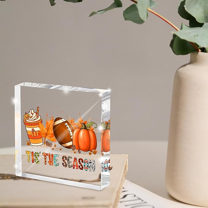 Thanksgiving Day Home Decor Sign - Tis The Season Acrylic Tabletop Decor with Fall Harvest Thanksgiving Artwork, Perfect for Dining Table, Office or Mantel, 4x4 Inches