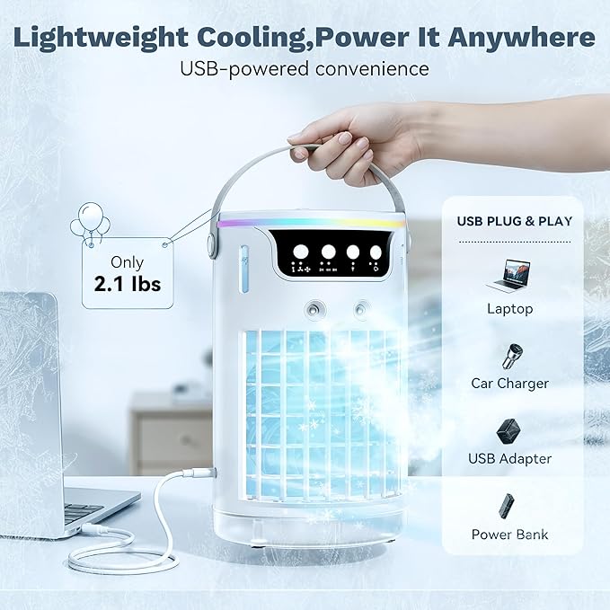 Portable Air Conditioners, AC Fan Mini Evaporative Air Cooler 1200ML with Ice Cooling Mist Personal Air Conditioner Quiet for Bedroom, Home Office Desk and Car Camping