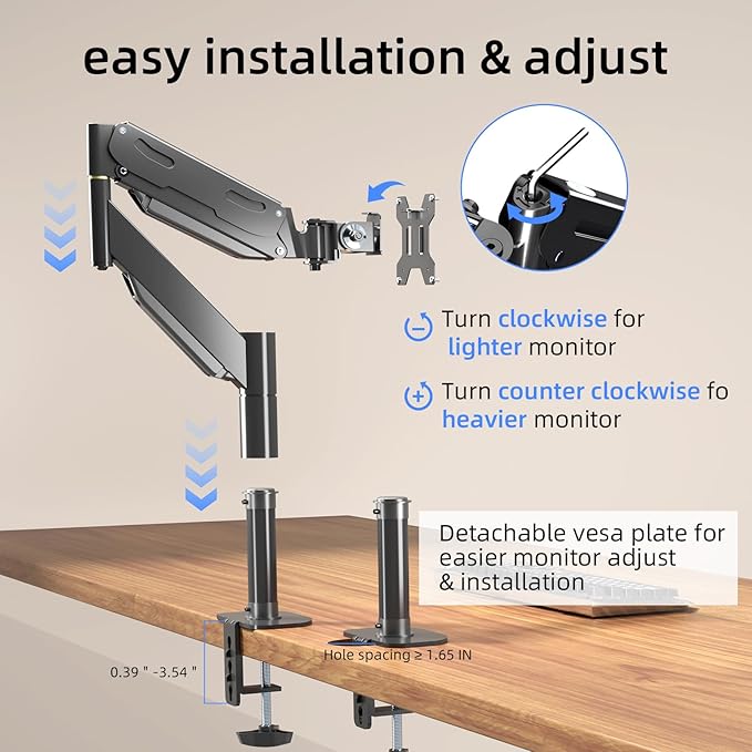 Pholiten Premium Aluminum Heavy Duty Monitor Arm, Ultrawide Monitor Mount with Clamp/Grommet Mounting Base, Adjuastable Gas Spring Arm for up to 49 inchs and 46.2lbs, Black