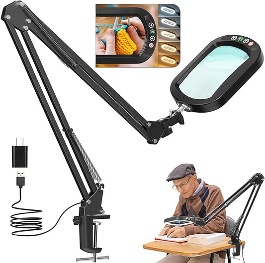 10X Large Magnifying Glass with Light and Clamp, Real Glass, 5 Color Modes, Stepless Dimmable, Lighted Magnifier with Stand Hands Free, LED Swing Arm Desk Lamp for Close Work, Craft, Reading, Painting