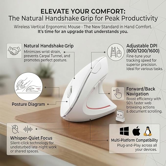 Wireless Ergonomic Mouse,2.4G USB Wireless Vertical Mouse,Adjustable DPI(800/1200/1600),Quiet Clicks,6 Buttons for Laptop,PC,Mac,Desktop – White