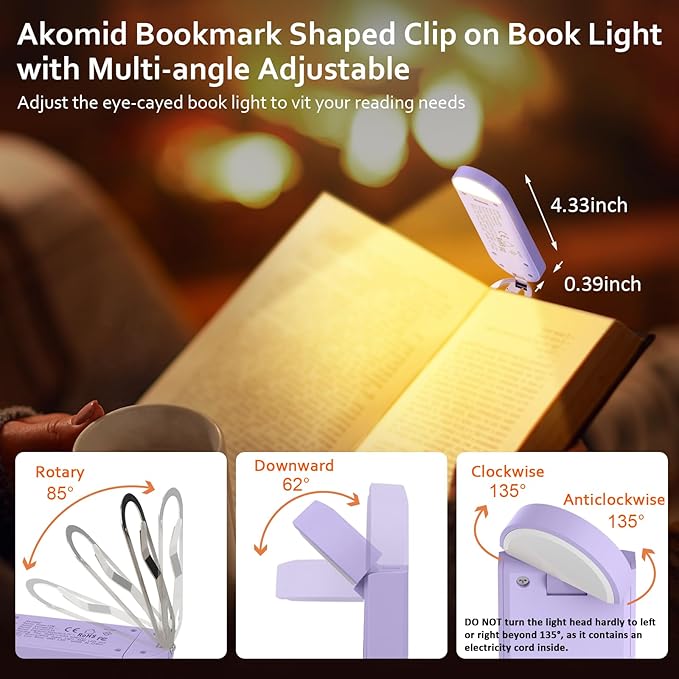 Akomid USB Rechargeable Book Light for Reading in Bed, 8 LEDs Bookmark Style Clip on, Eye-Cared Amber Light Mode for Kids, Blue Light Blocking, Stepless Dimming, Purple