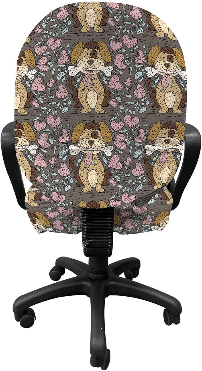 Ambesonne Dog Lover Office Chair Slipcover, Doodle Pattern of Puppy with Bone and Hearts, Protective Stretch Decorative Fabric Cover, Standard Size, Taupe Grey