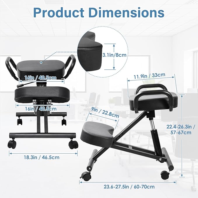 Ergonomic Kneeling Chair, Kneeling Chair with Locking Wheels, Adjustable Height Kneeling Support Chairs, PU Computer Kneel Chairs for Living Room