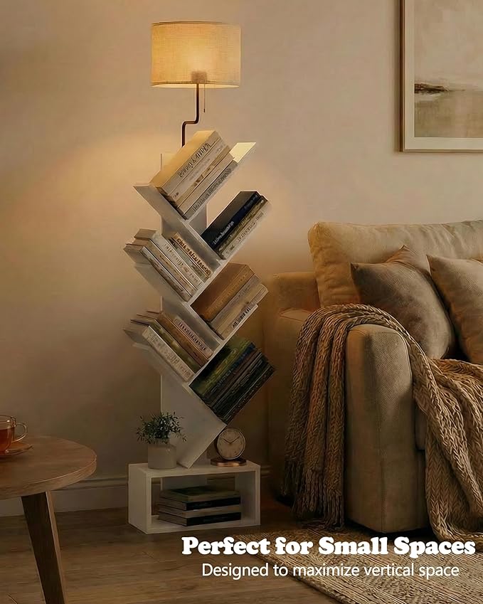XBurmo 6 Tier Tree Bookshelf with Lights - Small Bookshelf Decor, Corner Bookshelf with Lamps, Living Room Storage, Tall Narrow DVD & CD Shelf, Comic Bookcases Standing for Bedroom or Office, White