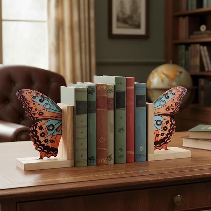 Decorative Butterfly Bookends Wooden Acrylic Butterflys Bookend Modern Bookshelf Decor Accent Book Stopper Decor for Home Farmhouse Shelves Office Lover Gift(Junonia Almana Butterfly)