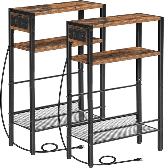 HOOBRO Small Narrow Side Table with Charging Station Set of 2, Skinny End Table for Small Spaces, Slim Nightstand with USB Ports Outlet, Sofa Beside Table with Storage Shelf BF102UBZP201