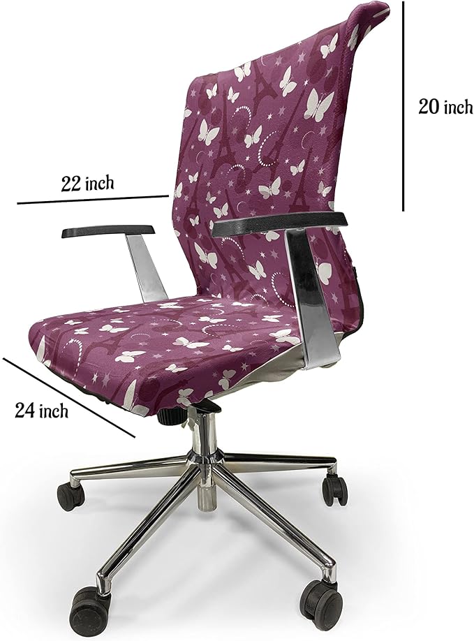 Ambesonne Eiffel Office Chair Cover, Abstract Composition with Towers White Butterflies and Stars Ethereal Display, Stretchable Decorative Universal Size High Back Printed Slipcover, Violet White