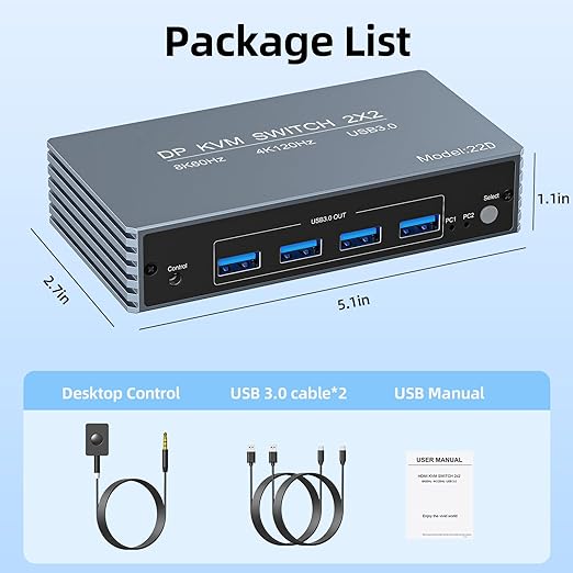 4K@120Hz Kvm Switch 2 Monitors 2 Computers 8K@60Hz DP Displayport Dual Monitor KVM Switches, 4 USB3.0 Ports for 2 PC Share Mouse Keyboard and 2 Screens Support PoC EDID Button Switch Plug and Play