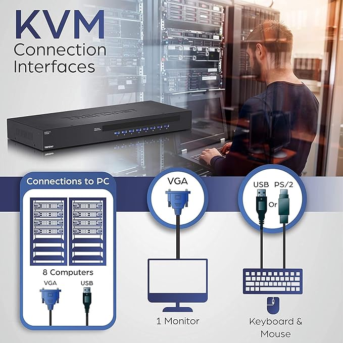 TRENDnet 8-Port USB/PS2 Rack Mount KVM Switch, TK-803R, VGA & USB Connection, Supports USB & PS/2 Connections, Device Monitoring, Auto Scan, Audible Feedback, Control up to 8 Computers/Servers