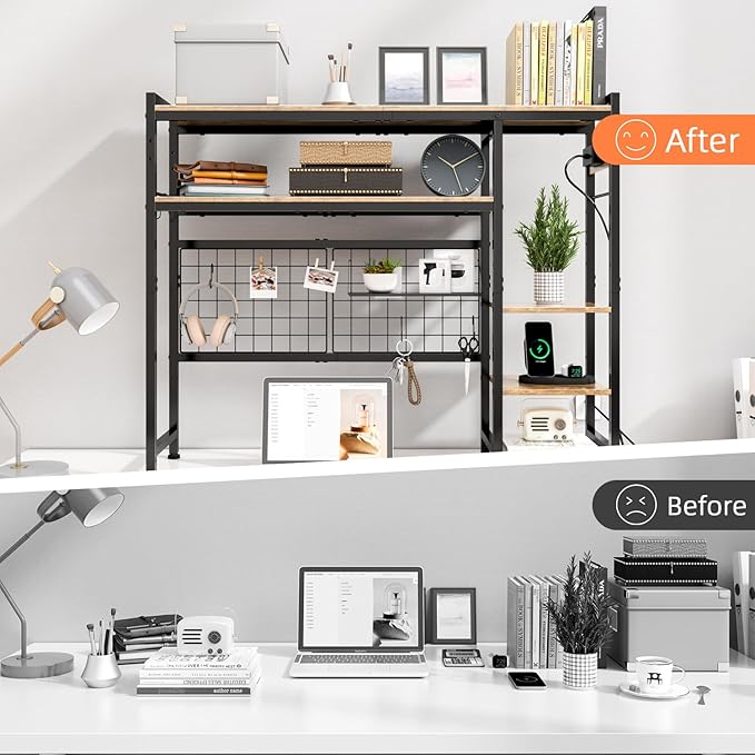 Desk Shelf for Top of Desk, 41.3" Desktop Organizer Shelf with Grid Panel & LED Lights, Desk Hutch for Computer Monitor, Wood Desktop Bookshelf for Home Office Dorm, with Power Outlets