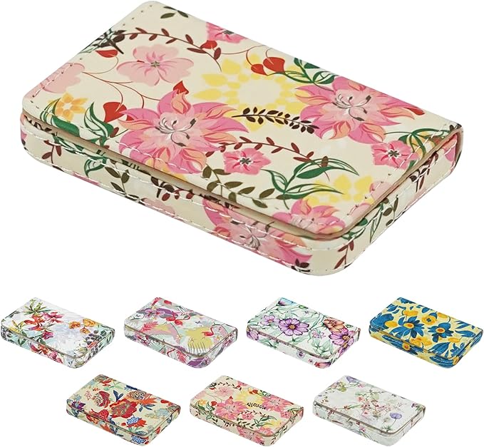 Business Card Holder，PU Leather Business Card Case Color Printing Pattern Card Holder Wallet，Pockets Magnetic Credit Card Holders for Men and Women - Red Yellow Flowers