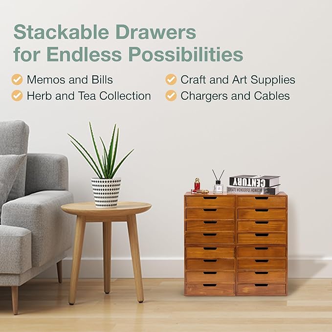Stackable Modular 4-Pack 16 Drawer Desktop Storage Organizer in Modern Wood Design (20”x7”x 20”) Stackable Drawers For School Office - Crystals, Scrapbook Organization - Declutter Countertop