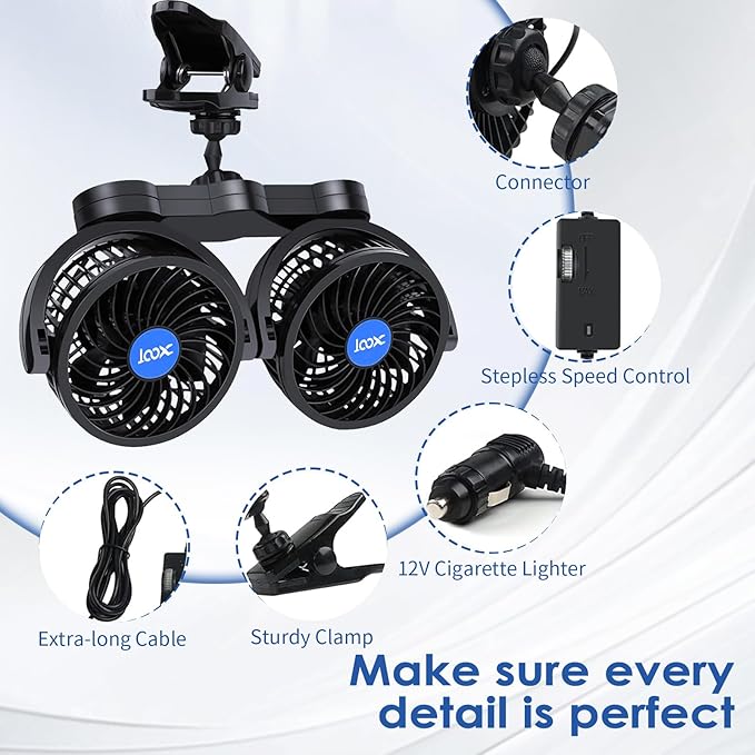 XOOL Clip Car Fan, Adjustable Dual Head 4 Inches 12V Fan for Front/Rear Seat Passenger, 360° Rotatable Electric Car Cooling Fans with Stepless Speed Regulation for SUV, RV, Vehicles