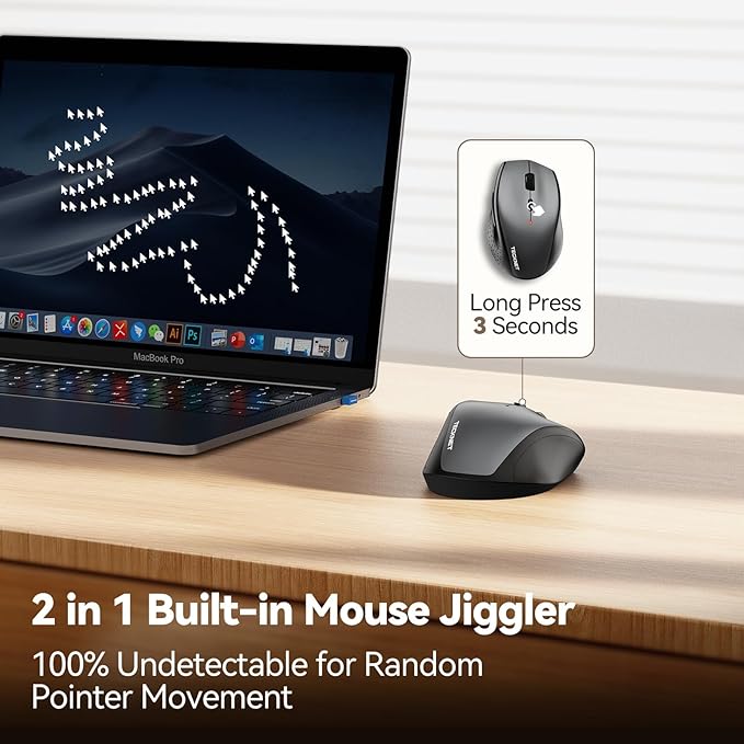 TECKNET Rechargeable Mouse with Jiggler, Plug & Play, 2.4G Connection with USB-C Adapter, Silent Mouse Quiet Click, 6400 DPI Ergonomic Mouse, Cordless Computer Mice for Laptop, Desktop, PC