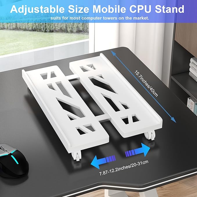 PC Stand, Mobile CPU Stand for Floor, Adjustable CPU Rolling Stand, Under Desk Computer Tower Stand, Computer Mobile Cart Holder with Locking Caster Wheels PC Tower Stand for Home and Office - White