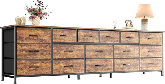 Huuger 77.6" Long Dresser for Bedroom, 16 Drawer Fabric Dresser for Closet, Wide Chest of Drawers with Storage, TV Stand for 65, 75, 85 Inch TV, 77.6" W x 12.9" D x 26.7" H, Rustic Brown