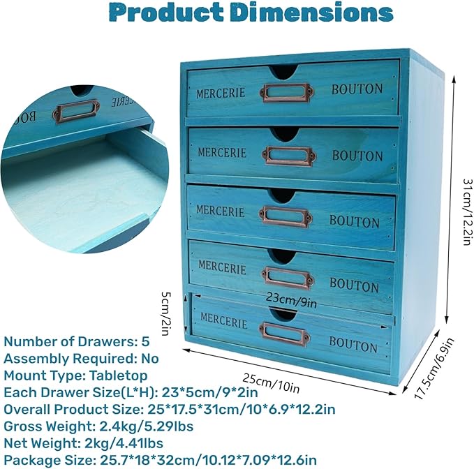 Wooden Drawer Organizer Storage Box with Label Holders Vintage Wood Desktop Organizer, Desk Drawer Unit Collectors Box for Living Rooms, Bedrooms, Offices (Blue, 1PC 5 Drawers)