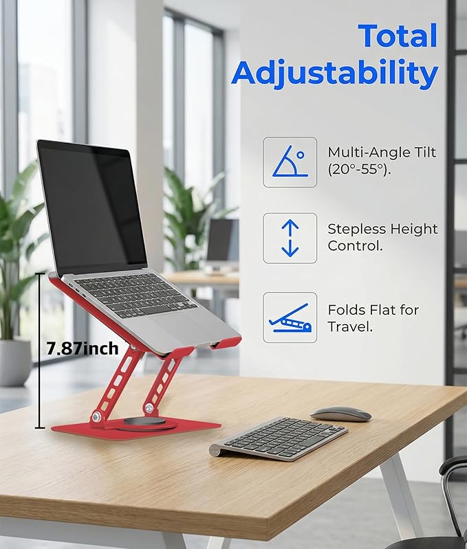 3-Year Red Swivel Laptop Stand-360° Rotating,Ergonomic Adjustable Metal Design,Fits10-16 Laptop Stand,Ideal for Desk Office & Travel,Foldable&Portable,Mechanical Style,Perfect for Everyone