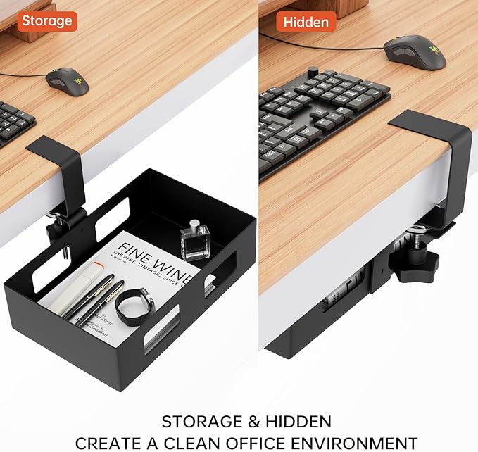 Clamp-on Side Desk Swivel Organizer, Under Desk Hidden Storage Drawer with Cable Hole, Hanging Desk Rotated Metal Basket for Extender Desk Space