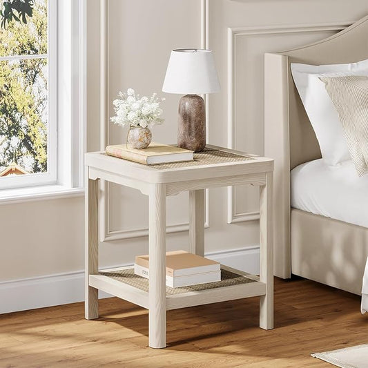 Eclatara Rattan End Table, Farmhouse Square Nightstand for Bedroom, Accent Side Table wtih Protective Round Edge and Ultra-Thick Stable Legs, Creamy White