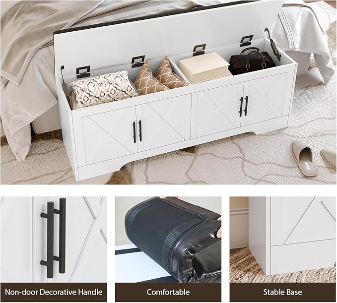 DreamDashio Farmhouse Storage Bench with Lift Top Storage, 47.2" Entryway Bench with Cushioned Seat, End of Bed Bench, Wooden Storage Chest Trunks, for Entryway, Bedroom, Living Room,White