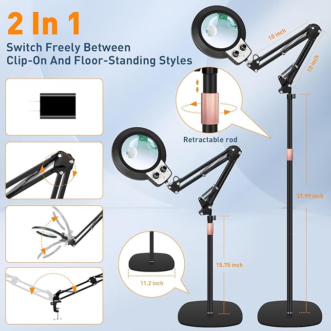 KIRKAS 30X 12X Magnifying Glass with Light and Stand, Stepless Brightness Color Modes & Adjustable Height Floor Magnifying Lamp, 2 in 1 Lighted Magnifier for Craft Reading Sewing Close Work- Black