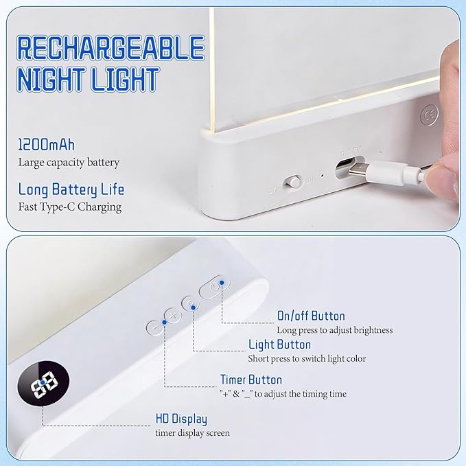 LED Reading Light, Rechargeable Clear Flat Book Light with 3 Colors & Timer, Dimmable Book Lights for Reading at Night, Doodleable Panel Plate Lamp Full Page Lights, for Book Lovers (White)
