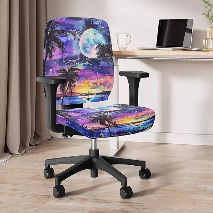 Tropical Palm Tree Computer Chair Cover Stretchable Office Chair Covers 2 Piece Universal Fit Most Wheelchairs,Computer Chairs,Gaming Chairs Washable Office Chair Slipcovers Protector Moon