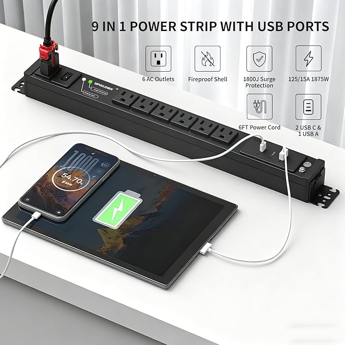 Surge Protector Power Strip, 6 Outlet Mountable PDU Power Strip with Switch, 65W Fast Charging 3 USB Ports, Heavy Duty Power Strip Surge Protector 1800J, 6 Feet Auto Lock Extension Cord, 15A/1875W