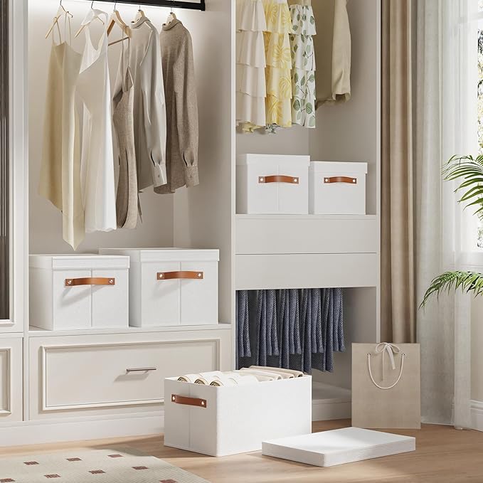 3 Pack Storage Boxes with Lids, Storage Baskets for Shelves, Decorative Linen Closet Organizers with Handles, White, 16.5 x 11.8 x 10.2 Inch