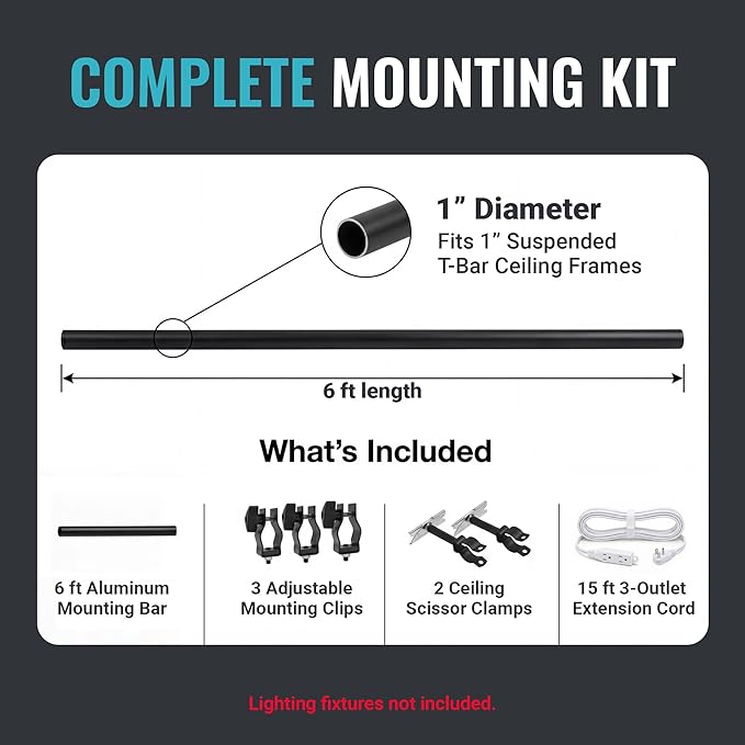 ALZO Suspended Drop Ceiling Mount Light Bar – 6 Ft Aluminum DJ & Stage Light Mounting Bar for T-Bar Grid Ceilings – 40 lb Capacity, 3 Adjustable Mounting Clips, 15 ft 3-Outlet Power Cord – White