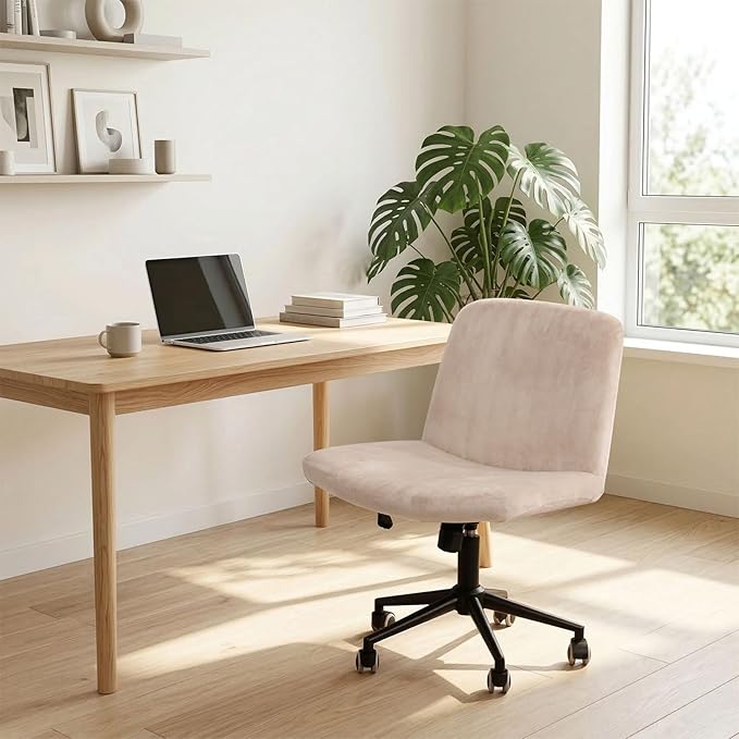 NICEEC Criss Cross Chair Cover Armless Office Dorm Desk Chair Covers Vanity Chair Covers Computer Mid Back Wide Seat Chair Without Arms Protector Spandex Stretch Slipcover Beige(No Chair Only Cover)