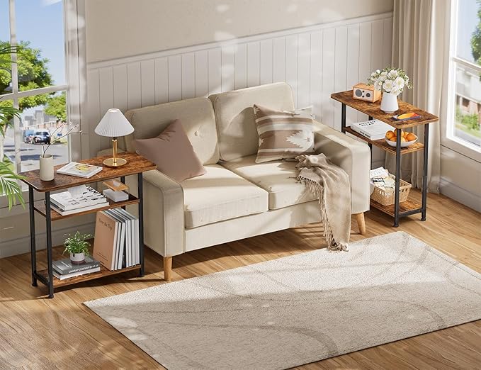 Simple Trending Narrow Side Table, 3-Tier End Table with Wide Storage Tabletop, Nightstand for Bedroom Living Room, Rustic Brown