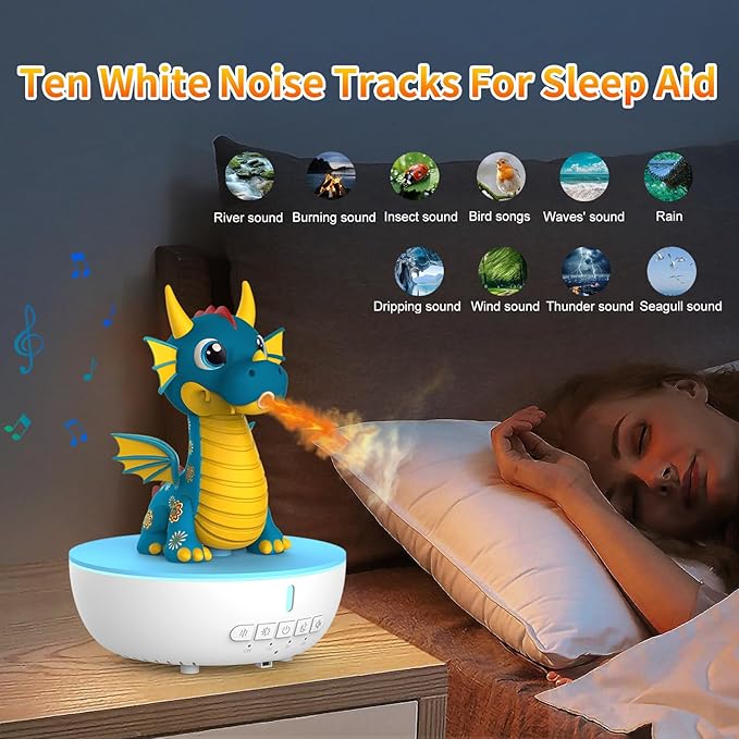 Dragon Aromatherapy Humidifier, 200ML Mini Desktop Essential Oil Diffuser, White Noise Machine with 10 Soothing Sounds, Cute Small Humidifiers for Kids Bedroom, Home, Office (Blue)