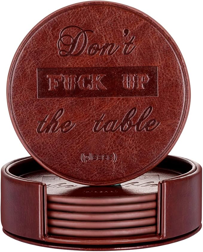 Funny Coasters, Thipoten 6 Pcs Leather Coasters with Holder, Perfect Housewarming Hostess Gifts, Protect Furniture from Water Marks Scratch and Damage(6Pcs, Coffee)
