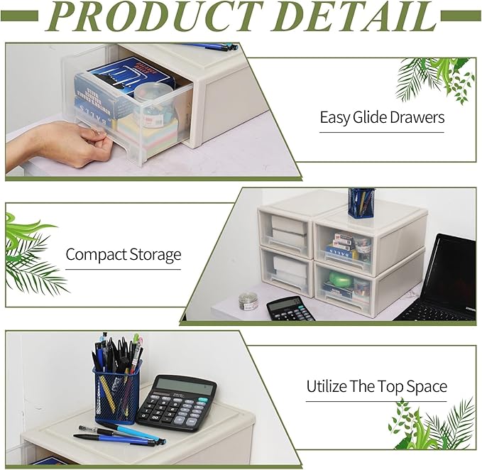 12 Quart Desktop Storage Organization Unit, 4 Pack Plastic Stacking Drawer Units