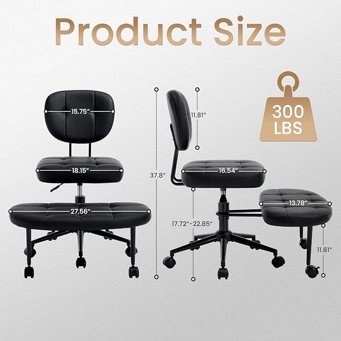 Criss Cross Chair Armless Office Chair for Cross Legged Sitting, 300lb Heavy Duty Ergonomic Desk Chair for ADHD, Adjustable Meditation Yoga Kneeling Chair with Brake Wheels for Home Office (Black)