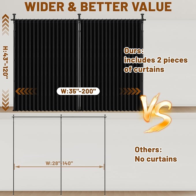 AJAZZ Room Divider Curtain (2 Panels, Black, W100 x L96 in)+ Tension Curtain Rod No Drilling (H) 43-120×(W) 35-200 in, for Privacy/Soundproof Curtains, Heavy Duty Wall Separator