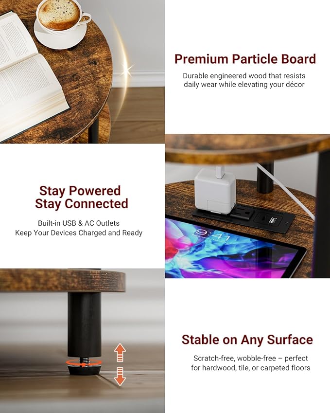 XBurmo Small Round End Table - 3 Tier Design Accent Table, Narrow Side or Bedside Stand, Industrial Vintage Table for Small Spaces, Built-in USB Ports and Power Outlet, Rustic Brown