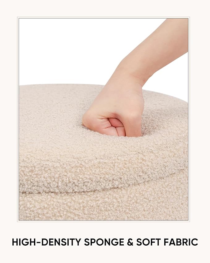Round Boucle Storage Ottoman, Sherpa Teddy Fabric Ottoman Footstool with Reversible Tray Lid, Folding Footrest with Storage for Living Room, Bedroom, Dorm, Beige, 14.6" x 14.6" x 17.7"
