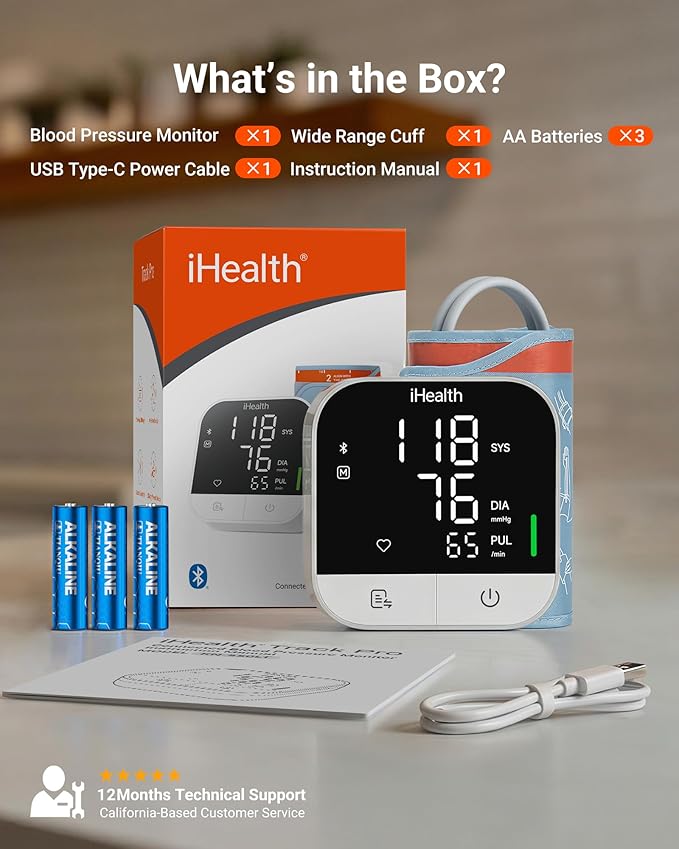 iHealth Track Pro Upper Arm Blood Pressure Monitor, Full-View LED Screen, Body & Cuff Detection, App-Enabled for iOS & Android, Adjustable Cuff Large Adults Arm Friendly