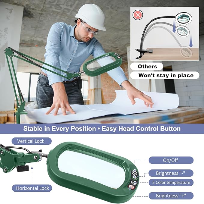 14.35" Large Magnifying Glass with Light and Clamp, Real Glass, 5 Color Modes, Stepless Dimmable, Lighted Magnifier with Stand Hands Free, LED Swing Arm Desk Lamp for Close Work, Craft, Green