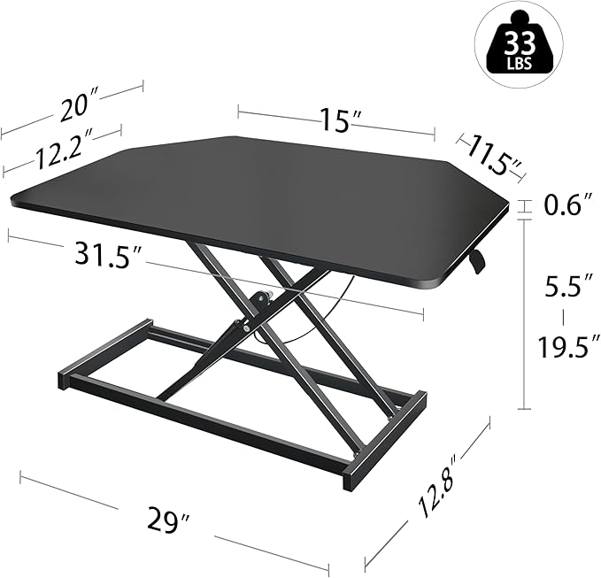 Aconcept 32 inch Black Corner Height Adjustable Standing Desk Converter, One-Click Sit to Stand up Desk Riser, Pre-Assembled for Dual Monitor and Laptop Workstation