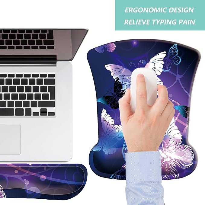 Keyboard Wrist Rest Pad Mouse Pad with Wrist Support Set of 3, Gaming Mousepad with Non-Slip Rubber Base, Ergonomic Memory Foam Mouse Cushion Support for Home Office Laptop Computer, Butterfly