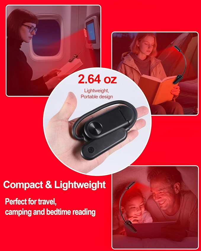 670nm Red Book Light for Reading at Night [1 Pack] - Zero Blue Light, Dimmable Reading Lights for Books in Bed, LED Book Lamp Clip on, Gift for Students Parents Nurse Studying Travel