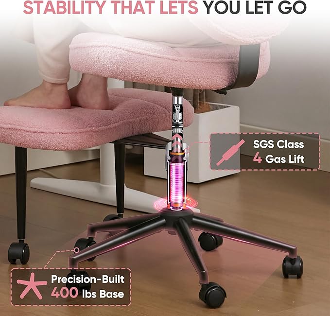 Criss Cross Office Chair with Wheels, Adjustable-Height Backrest & Swivel Footrest, Ergonomic Cross Legged Office Chair with Leg Rest for Kneeling Meditation Yoga ADHD (Pink Teddy Fleece)