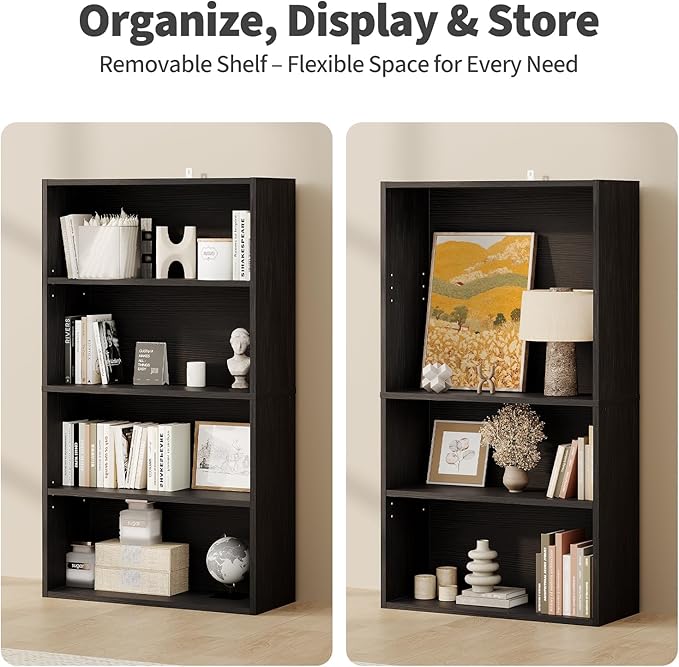 Sweetcrispy Industrial 4 Shelf Bookcase - Large 42.1 Inch Tall Floor Standing Open Bookshelf for Home Office, Living Room, and Bedroom Storage, Classic Black